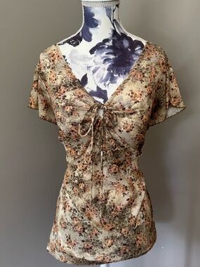 Y2K Fashion Bug Beige Floral Leopard Print Tie-Front V-Neck Top
